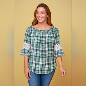WINWIN Fall Crochet Holiday Cottage Country Western Green White Plaid Long Tunic